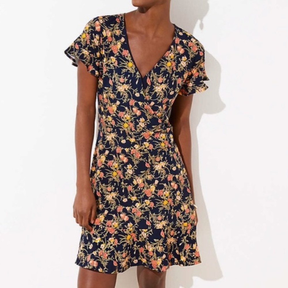 LOFT Faux Wrap Navy Floral Dress